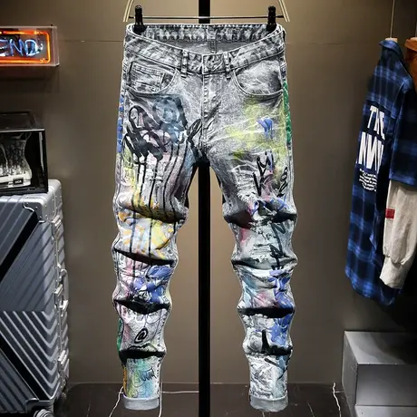 春季潮牌破洞牛仔裤男修身小脚乞丐裤子男印花乞丐裤男复古做旧款商品大图