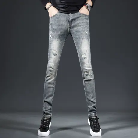 破洞牛仔裤男秋季2023新款潮牌破洞修身小脚男士时尚休闲弹力裤子商品大图