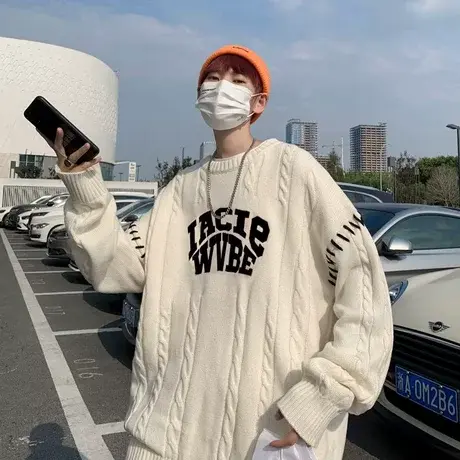 美式高街毛衣男秋冬季宽松小众设计感慵懒风针织衫潮牌情侣装外套商品大图