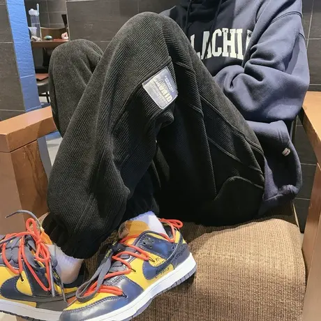 加绒裤子男冬季加厚保暖休闲裤潮牌复古灯芯绒男裤束脚宽松运动裤商品大图