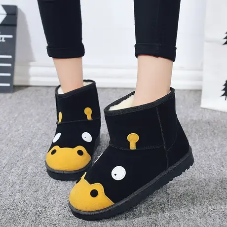 冬季女鞋磨砂靴子女短筒可爱卡通拼色学生河马雪地靴女短靴女棉鞋图片