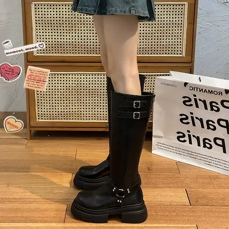 永希长筒靴女2023年秋冬季新款时尚百搭复古棕色长靴厚底骑士靴潮图片