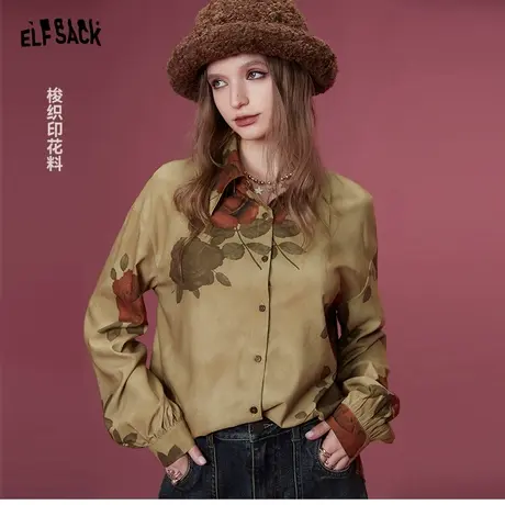 妖精的口袋复古长袖衬衫外套女2024早春新款灯笼袖玫瑰印花上衣图片