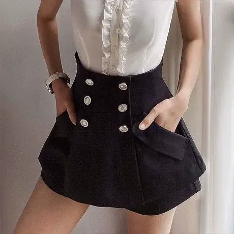 粉红大布娃娃高腰短裤女夏2021新款显瘦直筒双排扣宽松百搭裙裤图片