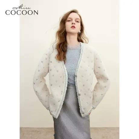 missCOCOON千金玛德琳法式气质小香外套2023冬装新款女装颗粒皮草商品大图