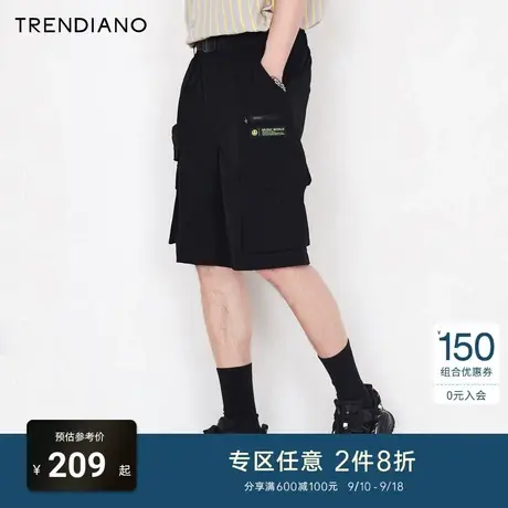 TRENDIANO潮牌官方时尚男装工装短裤扣带宽松中裤夏季黑色五分裤商品大图