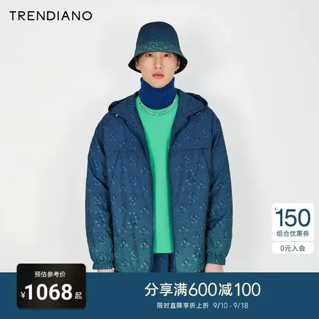 TRENDIANO官方男装2023新款印花连帽棉衣外套男棉服图片