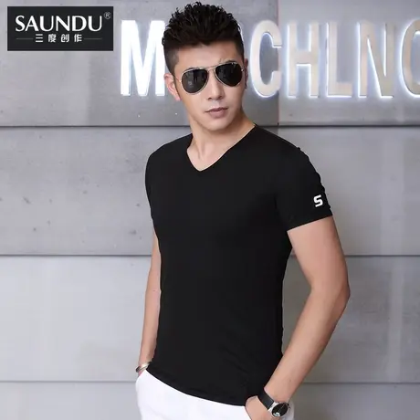 莫代尔短袖t恤男夏装纯色V领黑色修身夏天上衣服半袖简约夏季体恤商品大图