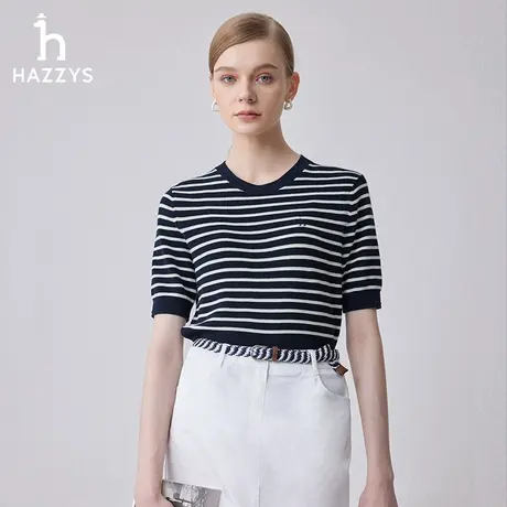 【商场同款】Hazzys哈吉斯2024春季条纹针织衫女纯棉长袖体恤上衣图片