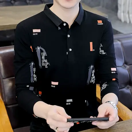 2022新款秋季男士polo衫休闲青年印花长袖T恤汗衫潮流修身秋衣ins商品大图