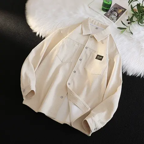 灯芯绒衬衫男长袖春秋款日系潮流学生休闲外套潮牌高级感领带衬衣图片