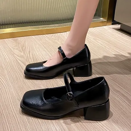 法式玛丽珍鞋女2024春秋季新款复古英伦风粗跟单鞋百搭浅口小皮鞋图片