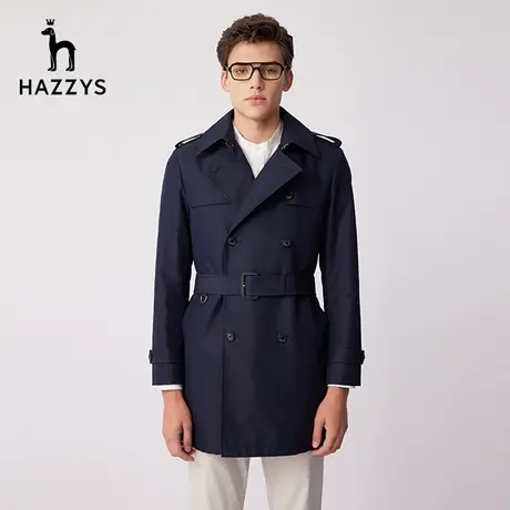 Hazzys哈吉斯春季新款男士上衣长袖休闲双排扣风衣商务潮流外套男图片