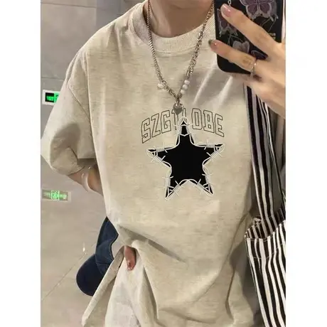 美式复古纯棉短袖t恤女潮牌oversize小众设计感夏季宽松半袖上衣商品大图