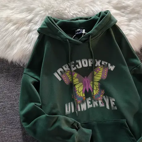 美式复古蝴蝶印花连帽卫衣女春秋薄款宽松慵懒风小众上衣外套潮牌图片