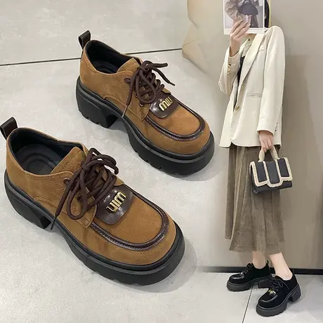 小皮鞋女2024春季新款女鞋粗跟高跟鞋复古英伦风单鞋子厚底乐福鞋图片