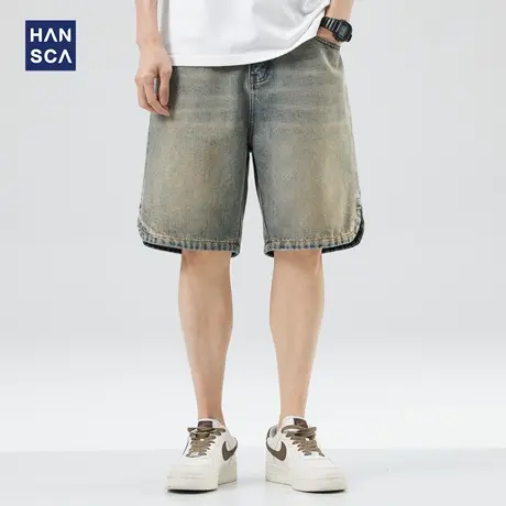 hansca水洗牛仔短裤男夏季美式复古高街痞帅休闲大码阔腿五分裤子商品大图