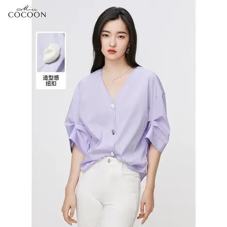 miss COCOON宽松雪纺衬衫女2023新款夏季时尚宽松V领别致短袖上衣商品大图
