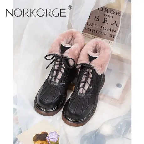 2023新款冬复古黑真毛雪地靴女靴真皮圆头粗跟厚底防滑短靴雪地靴图片