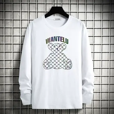 白色t恤男士长袖2023新款纯棉圆领上衣服内搭打底衫小熊全棉体恤商品大图