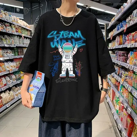 宇航员短袖T恤男夏季ins潮流纯棉半袖卡通黑色港风宽松太空人衣服商品大图