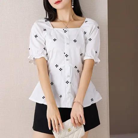 伊自尚2023新款胖mm夏季法式方领显瘦上衣气质设计感收腰雪纺衫女图片