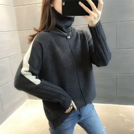 学院风拼色毛衣女高领套头2023新款韩版秋冬季针织打底上衣潮百搭商品大图
