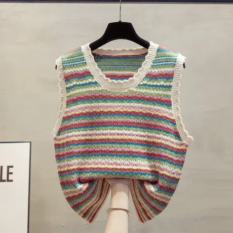圆领条纹镂空针织马甲背心女2023秋装新款宽松外穿马夹毛衣坎肩潮图片