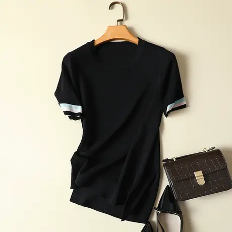 冰丝针织衫女短袖薄款春装2023年新款女夏季韩版ins黑色t恤女上衣商品大图