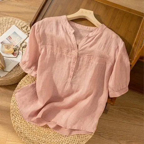 短袖苎麻衬衣女宽松2022夏季新款薄款棉麻上衣气质显瘦漂亮衬衫女图片