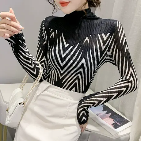 高领打底衫女春秋2023新款加绒斑马纹长袖T恤洋气紧身内搭上衣潮商品大图