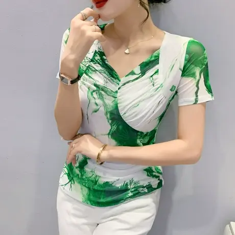 水墨画上衣女夏季复古印花V领t恤2023流行性感网纱小衫气质半袖潮图片
