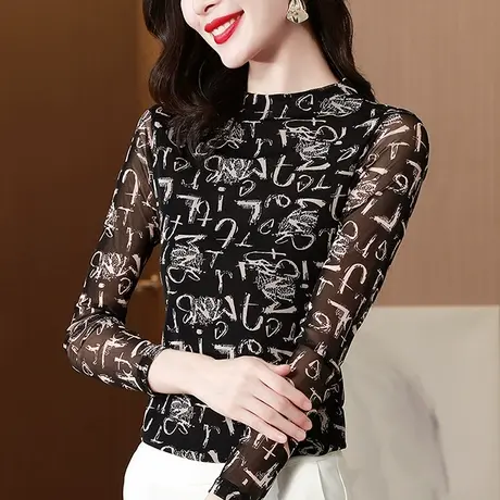 加绒半高领打底衫女春秋2023新款漂亮印花网纱T恤长袖修身上衣ins商品大图