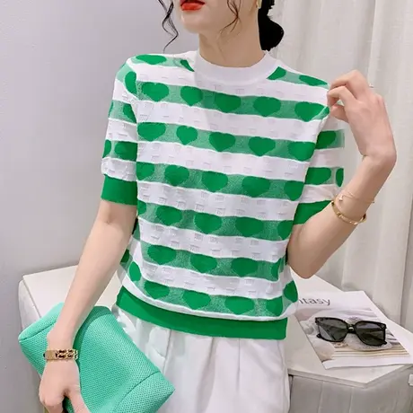 2023夏装新款甜美气质T恤女短袖设计感小众网红上衣显瘦圆领小衫商品大图