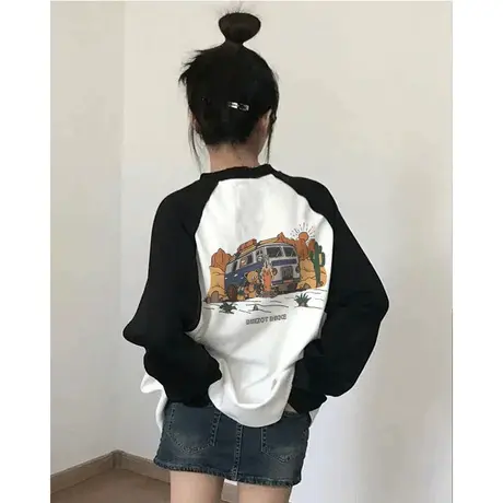 黑白撞色长袖T恤女秋新款设计感小众宽松内搭打底衫插肩袖上衣ins图片