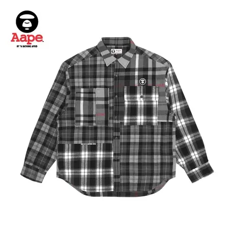 Aape旗舰店男装秋冬格纹撞色拼接休闲长袖衬衫8389XXH商品大图