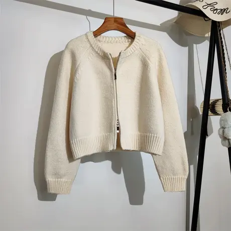 双拉链毛衣外套女秋冬新款韩版圆领纯色短款小个子针织开衫上衣厚商品大图