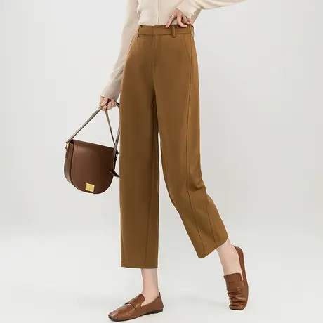 复古棕色裤子女小个子灯笼裤镰刀裤2023新款羊毛女裤九分裤哈伦裤商品大图