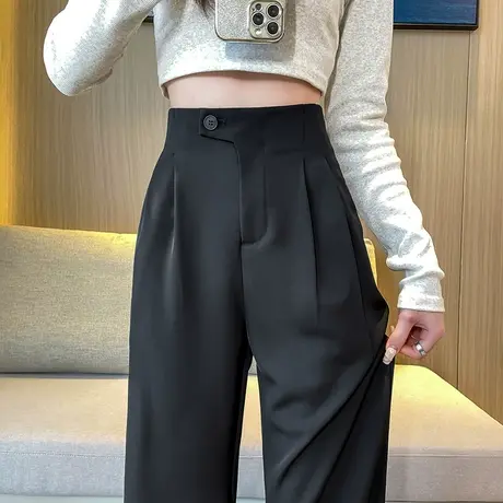 黑色阔腿裤女窄版2023年薄款高腰垂感直筒宽松显瘦小个子休闲西裤商品大图