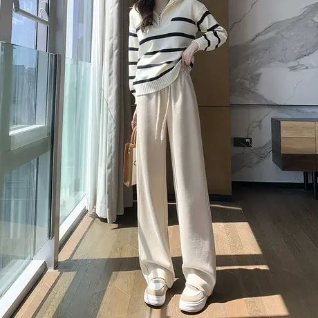 羊绒阔腿裤女秋冬2023新款高腰垂感高级感加绒加厚休闲直筒拖地裤商品大图