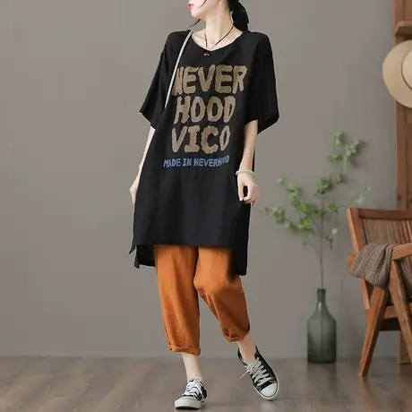 dza复古中长款休闲亚麻t恤女士夏季2023新款漂亮棉麻上衣宽松打底商品大图