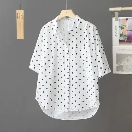 前短后长波点白色衬衫女短袖宽松韩版夏季上衣圆点薄款休闲衬衣女图片