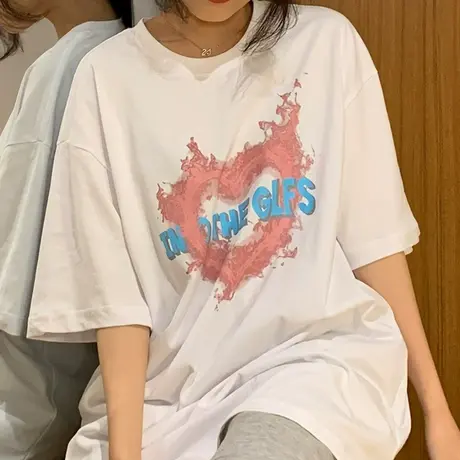 欧美复古短袖t恤女2021夏季宽松韩版ins半袖设计感小众纯棉上衣服商品大图