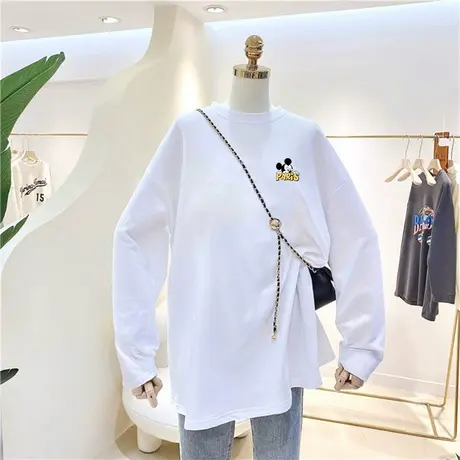 白色T恤女中长款韩版宽松2022新款纯棉休闲大码时尚百搭长袖上衣商品大图