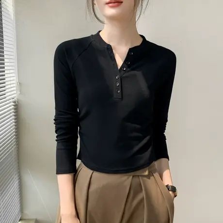 纽扣设计感长袖T恤女2023早秋新品纯棉简约打底衫修身显瘦POLO衫图片