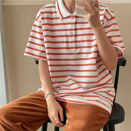 红续条纹polo衫短袖t恤女减龄少女风ins潮宽松半袖2023年夏季新款图片