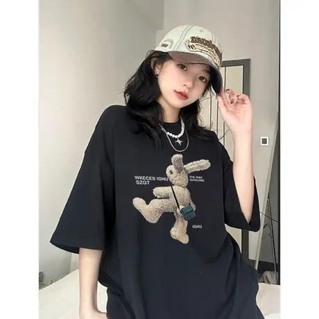 纯棉重磅美式复古短袖t恤女2023新款夏季宽松ins潮牌大码半袖上衣图片