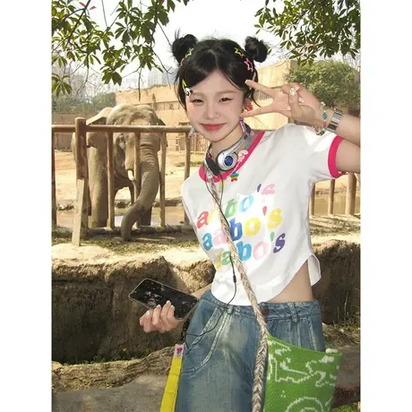 甜辣纯欲风短袖t恤女夏季修身别致小众设计感正肩欧美短款上衣ins商品大图