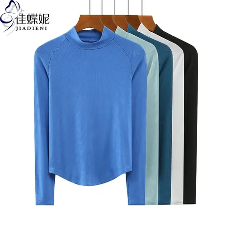 春秋新款韩版中高领纯色下摆圆弧修身纯棉螺纹长袖体恤上衣内搭女商品大图