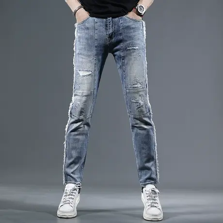 高街破洞补丁牛仔裤男夏季薄款2023新款时尚修身小脚弹力男士裤子图片